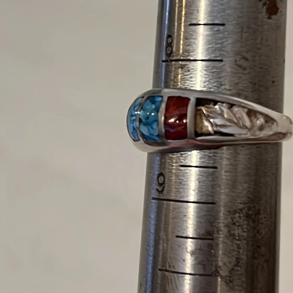 Unmarked Native American silver turquoise coral feather ring size 8.5